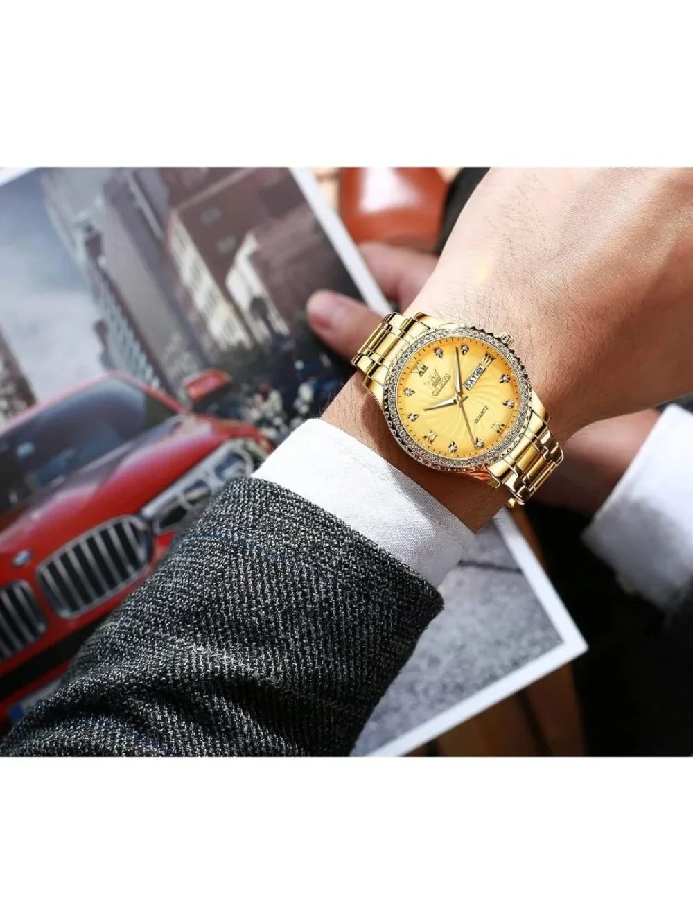 Men's Gold Diamond Solid Stainless Steel Waterproof Luminous Luxury Analog Watch
